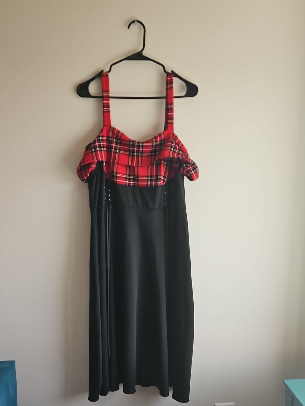 Black Midi Dress with Red Plaid Bodice